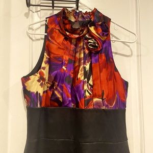 NW cocktail prom vibrant warm color print black satin formal dress